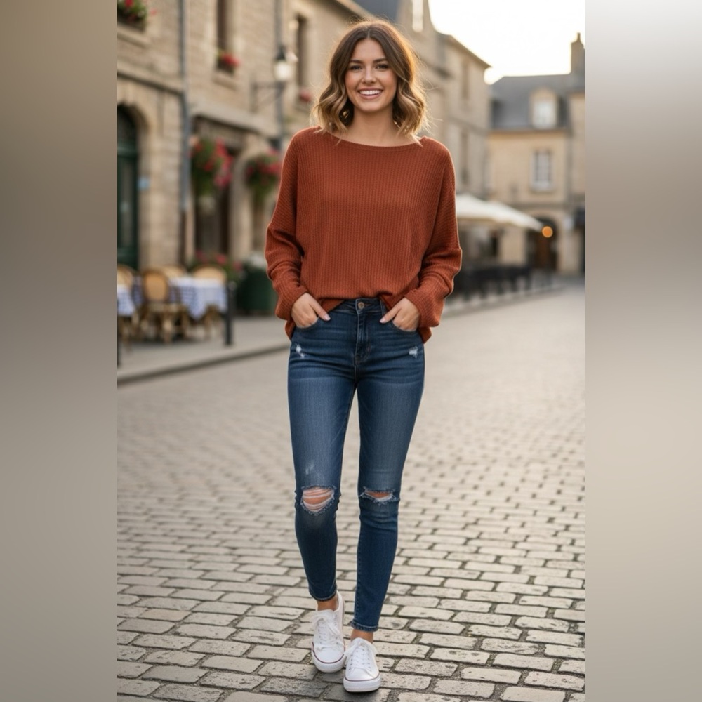 Burgundy Long Sleeve Waffle Knit Women's Top